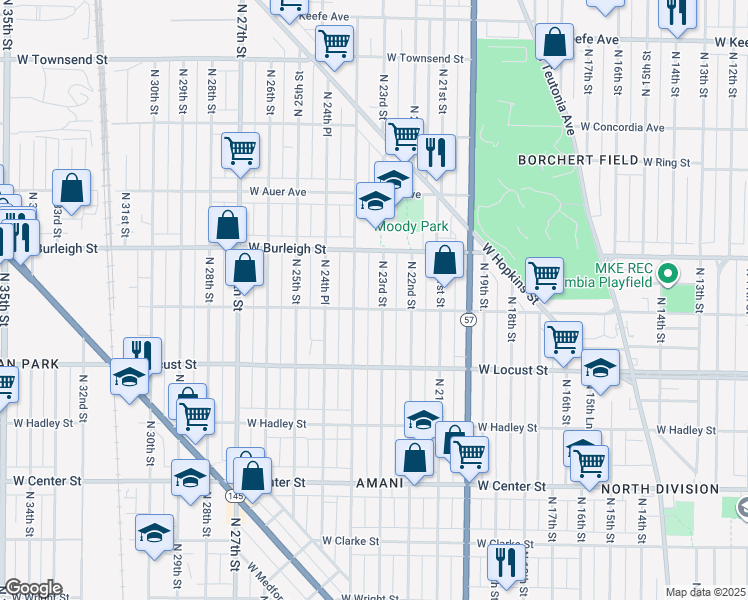 map of restaurants, bars, coffee shops, grocery stores, and more near 3030 North 24th Street in Milwaukee