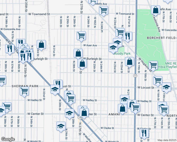 map of restaurants, bars, coffee shops, grocery stores, and more near 3027 North 26th Street in Milwaukee