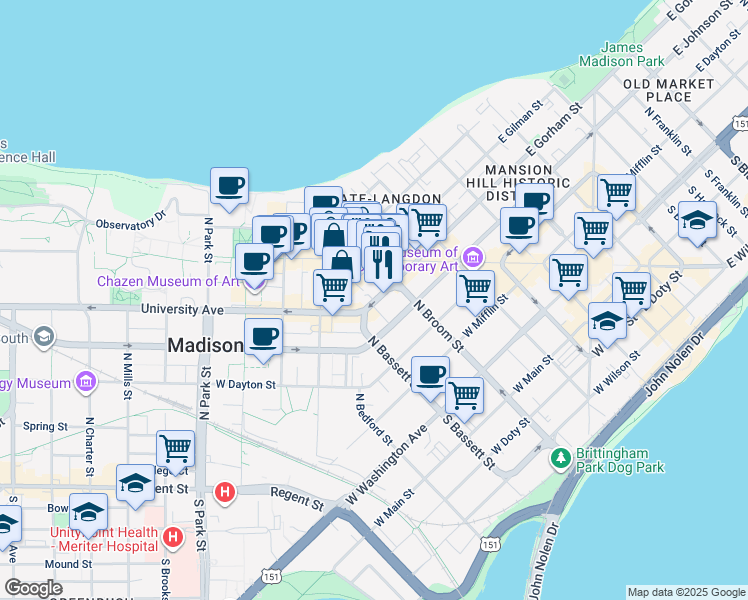 map of restaurants, bars, coffee shops, grocery stores, and more near 432 West Gorham Street in Madison