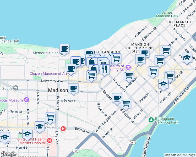 map of restaurants, bars, coffee shops, grocery stores, and more near 432 West Gorham Street in Madison