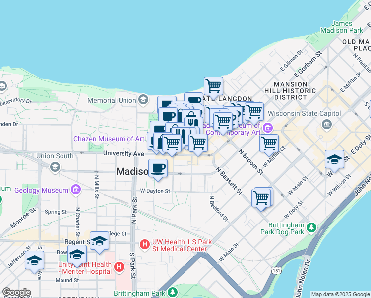 map of restaurants, bars, coffee shops, grocery stores, and more near 419 North Lake Street in Madison