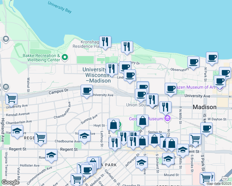 map of restaurants, bars, coffee shops, grocery stores, and more near 1552 University Avenue in Madison