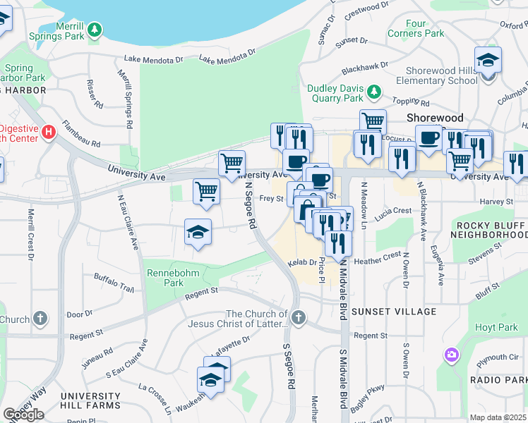 map of restaurants, bars, coffee shops, grocery stores, and more near 4601 Frey Street in Madison