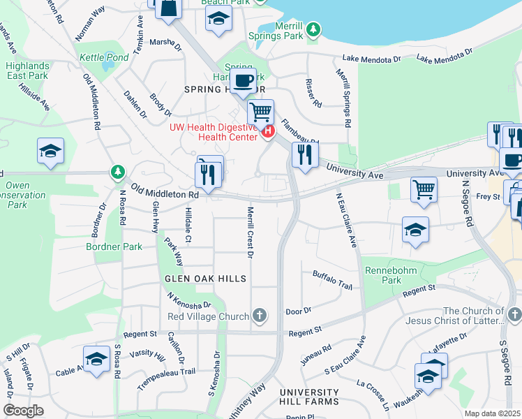 map of restaurants, bars, coffee shops, grocery stores, and more near 5205 Old Middleton Road in Madison