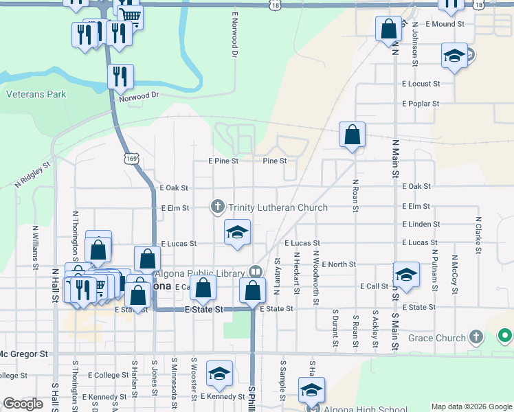 map of restaurants, bars, coffee shops, grocery stores, and more near 601-699 North Phillips Street in Algona