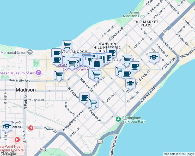 map of restaurants, bars, coffee shops, grocery stores, and more near 120 North Henry Street in Madison