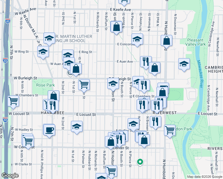map of restaurants, bars, coffee shops, grocery stores, and more near 3046 North Buffum Street in Milwaukee