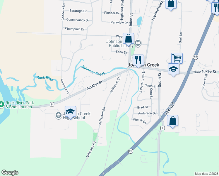 map of restaurants, bars, coffee shops, grocery stores, and more near 228 Jefferson Street in Johnson Creek