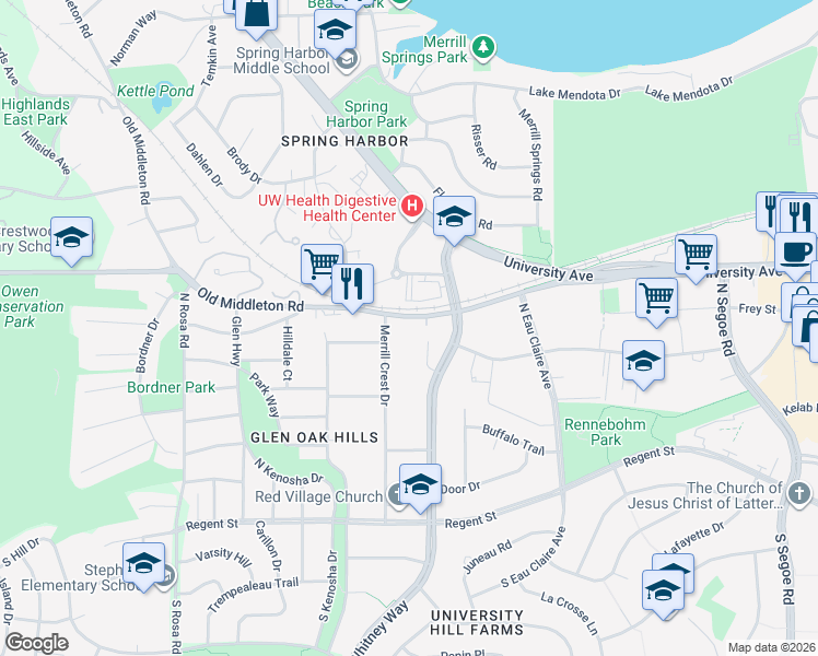 map of restaurants, bars, coffee shops, grocery stores, and more near 5205 Old Middleton Road in Madison