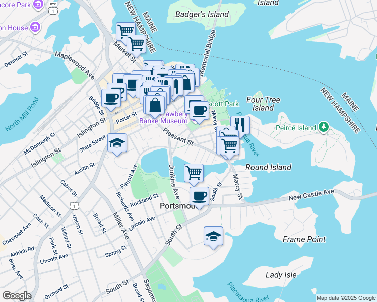 map of restaurants, bars, coffee shops, grocery stores, and more near 32 Livermore Street in Portsmouth