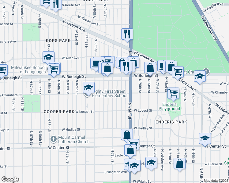 map of restaurants, bars, coffee shops, grocery stores, and more near 3002 North 78th Street in Milwaukee