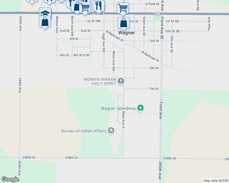 map of restaurants, bars, coffee shops, grocery stores, and more near North Court in Wagner