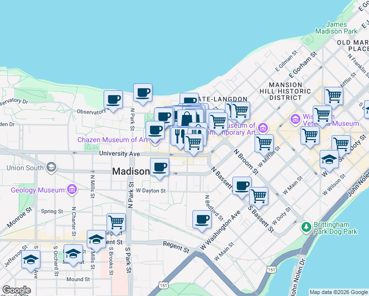 map of restaurants, bars, coffee shops, grocery stores, and more near 408 North Frances Street in Madison