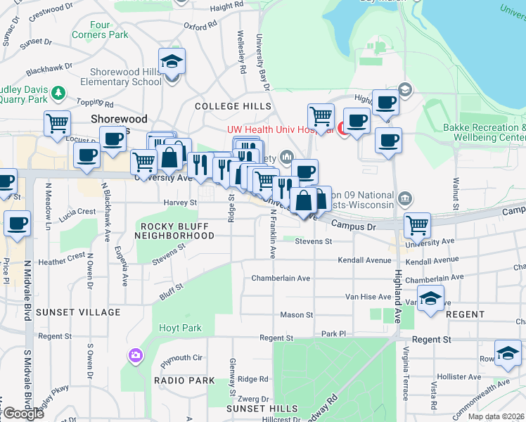 map of restaurants, bars, coffee shops, grocery stores, and more near 518 Shepard Terrace in Madison