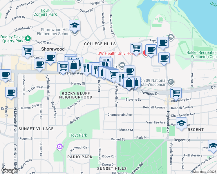 map of restaurants, bars, coffee shops, grocery stores, and more near 510 Shepard Terrace in Madison
