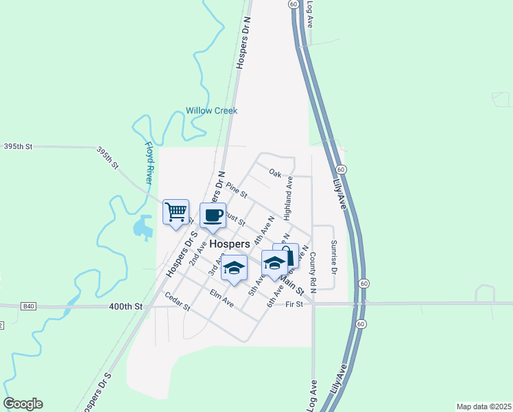 map of restaurants, bars, coffee shops, grocery stores, and more near 301-399 Pine Street in Hospers