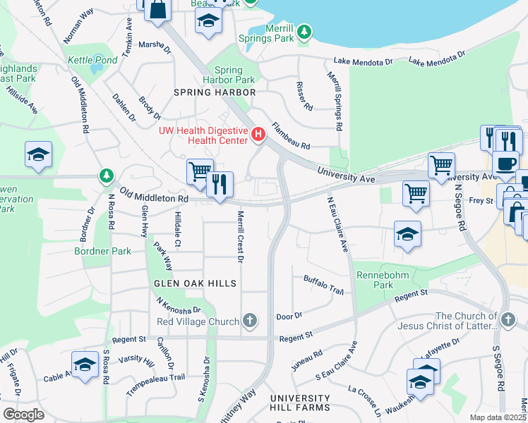 map of restaurants, bars, coffee shops, grocery stores, and more near 5205 Old Middleton Road in Madison