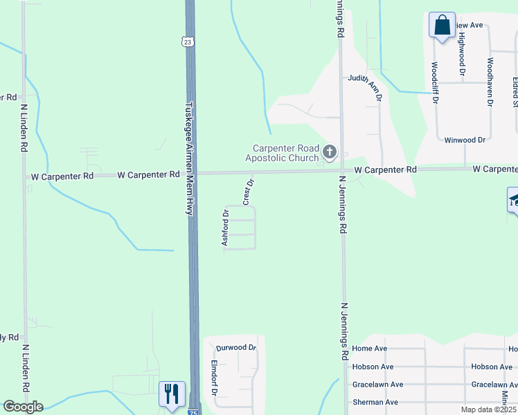 map of restaurants, bars, coffee shops, grocery stores, and more near 2 Birch Crest Drive in Flint
