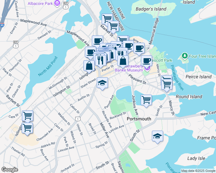 map of restaurants, bars, coffee shops, grocery stores, and more near 28 Mark Street in Portsmouth