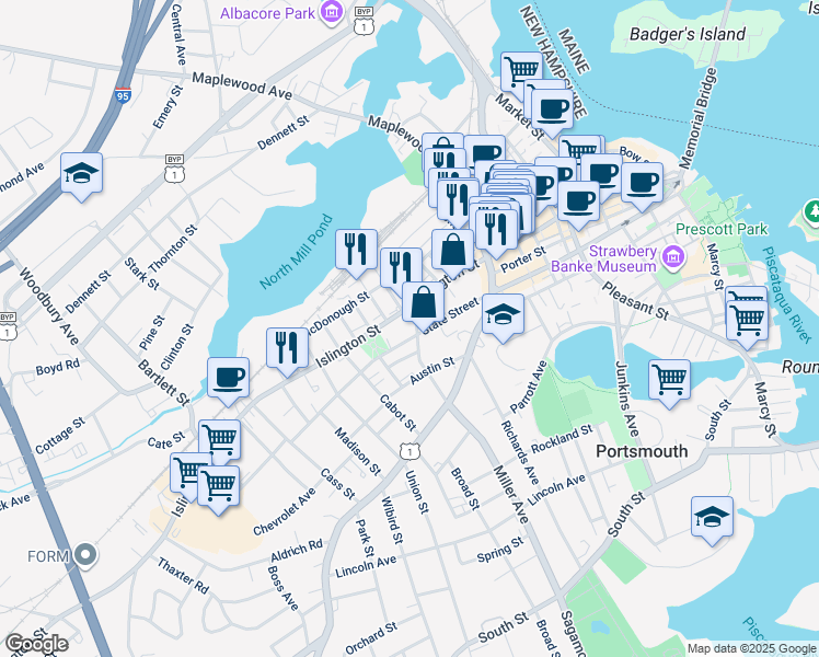 map of restaurants, bars, coffee shops, grocery stores, and more near 180 Islington Street in Portsmouth