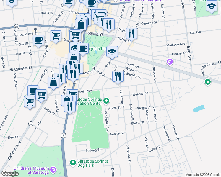 map of restaurants, bars, coffee shops, grocery stores, and more near 87 Lincoln Avenue in Saratoga Springs
