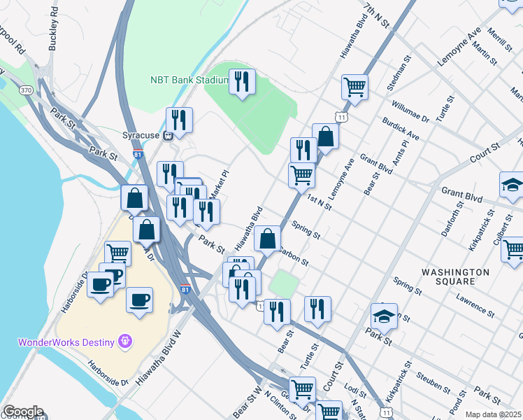 map of restaurants, bars, coffee shops, grocery stores, and more near 1620 Spring Street in Syracuse