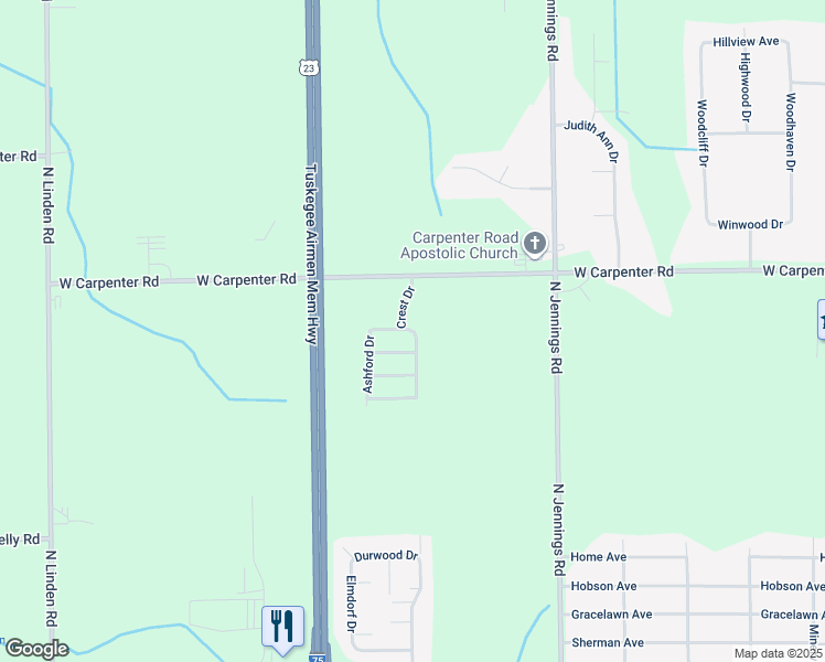 map of restaurants, bars, coffee shops, grocery stores, and more near 2 Birch Crest Drive in Flint