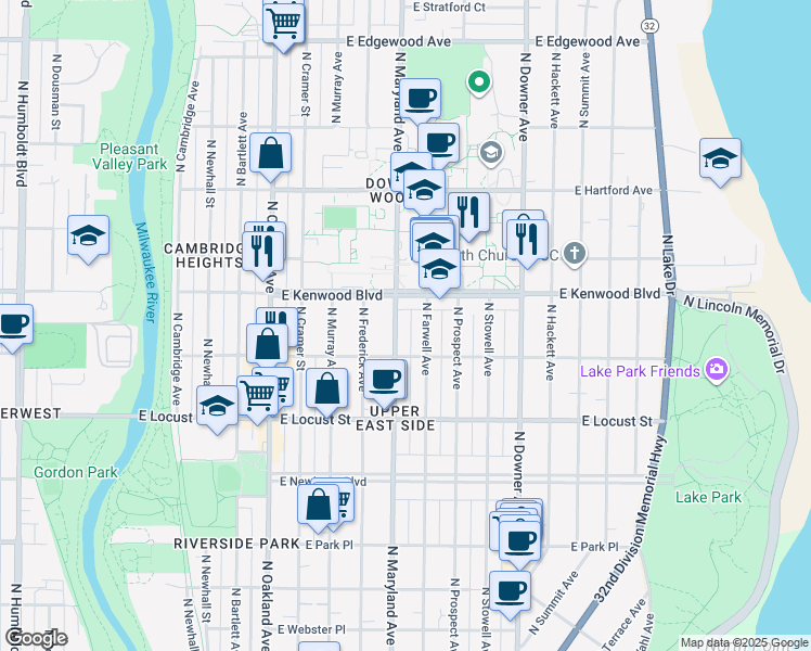 map of restaurants, bars, coffee shops, grocery stores, and more near 3051 North Farwell Avenue in Milwaukee