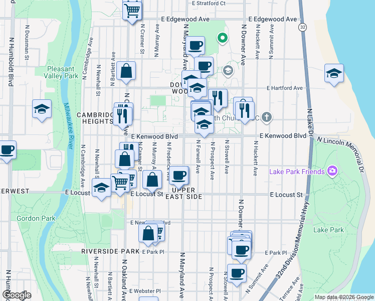 map of restaurants, bars, coffee shops, grocery stores, and more near 3051 North Farwell Avenue in Milwaukee