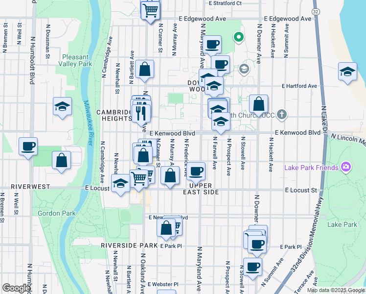 map of restaurants, bars, coffee shops, grocery stores, and more near 3054 North Murray Avenue in Milwaukee