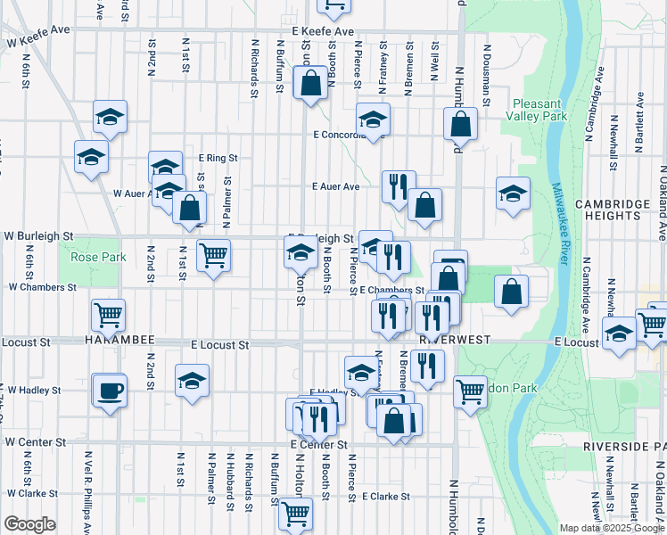 map of restaurants, bars, coffee shops, grocery stores, and more near 3049 North Pierce Street in Milwaukee