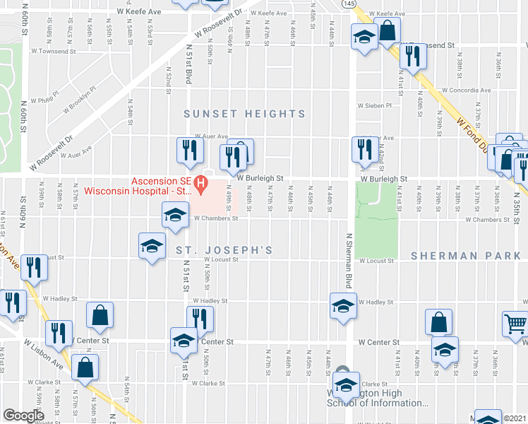 map of restaurants, bars, coffee shops, grocery stores, and more near 3026 North 47th Street in Milwaukee