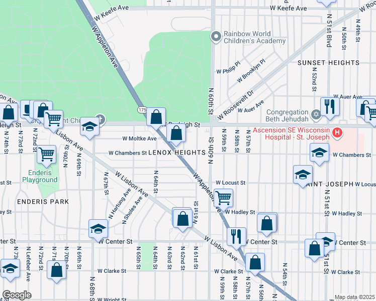 map of restaurants, bars, coffee shops, grocery stores, and more near 3019 North 62nd Street in Milwaukee