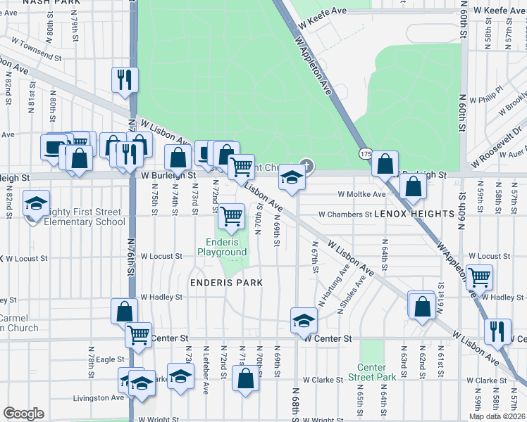 map of restaurants, bars, coffee shops, grocery stores, and more near 6917 West Lisbon Avenue in Milwaukee