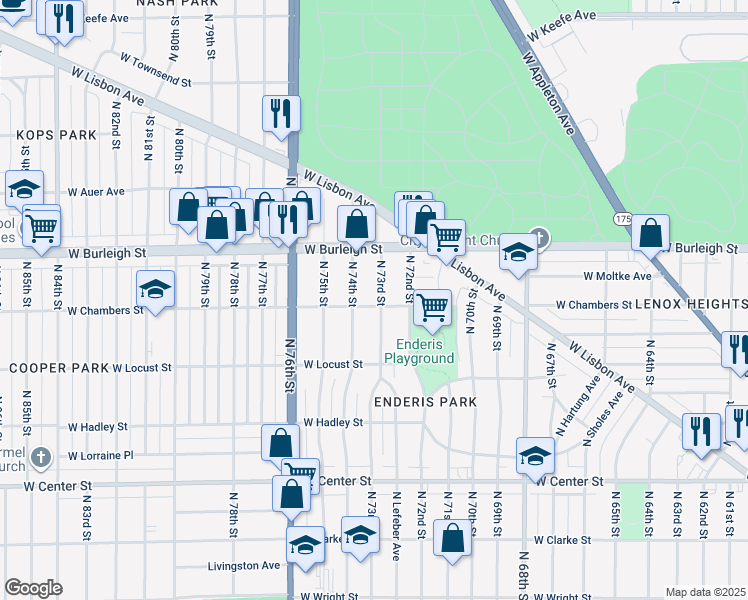 map of restaurants, bars, coffee shops, grocery stores, and more near 3018 North 73rd Street in Milwaukee