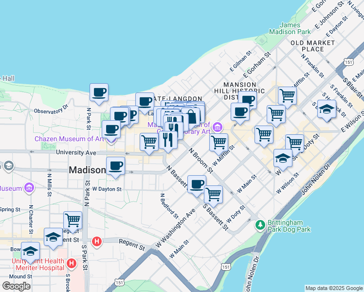 map of restaurants, bars, coffee shops, grocery stores, and more near 405 West Gorham Street in Madison