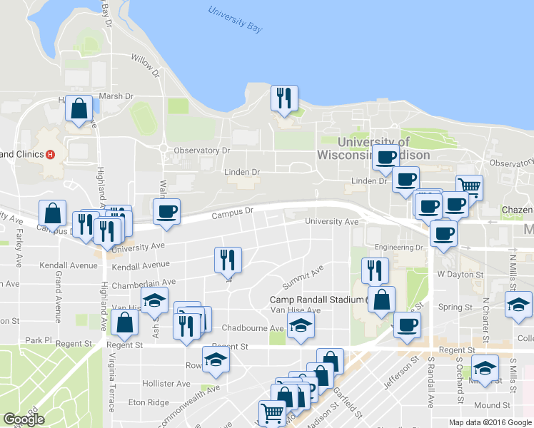 map of restaurants, bars, coffee shops, grocery stores, and more near 423 Chamberlain Avenue in Madison
