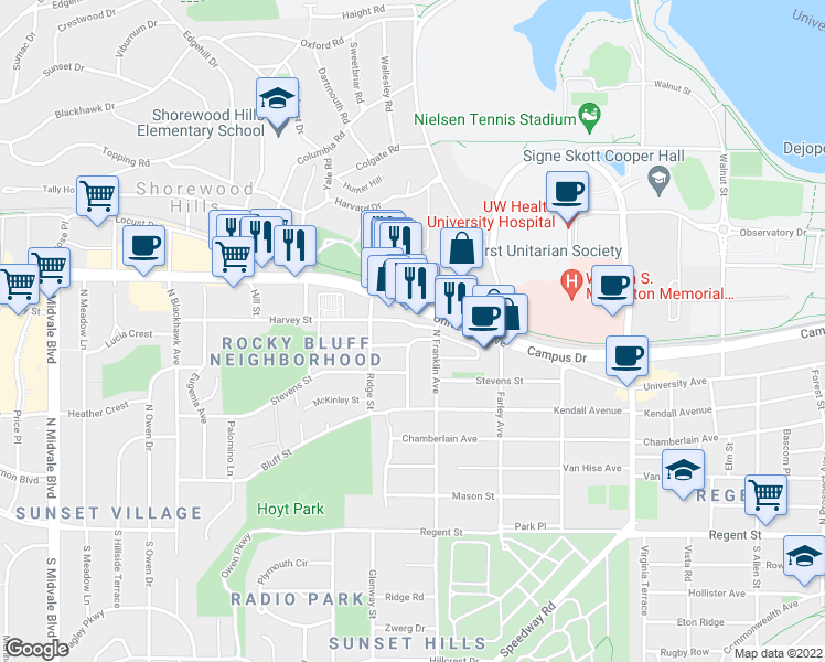 map of restaurants, bars, coffee shops, grocery stores, and more near 2825 University Avenue in Madison