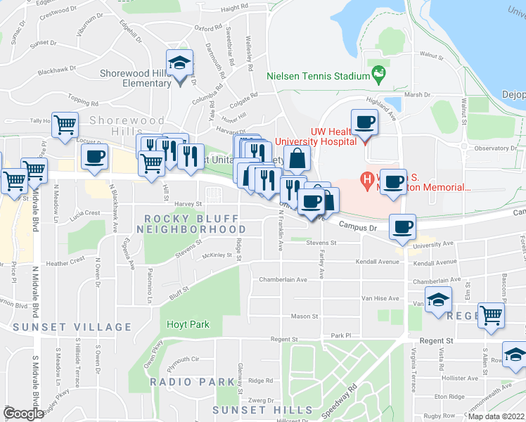 map of restaurants, bars, coffee shops, grocery stores, and more near 2825 University Avenue in Madison