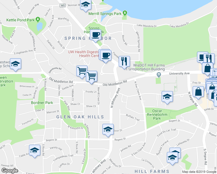map of restaurants, bars, coffee shops, grocery stores, and more near 5205 Old Middleton Road in Madison