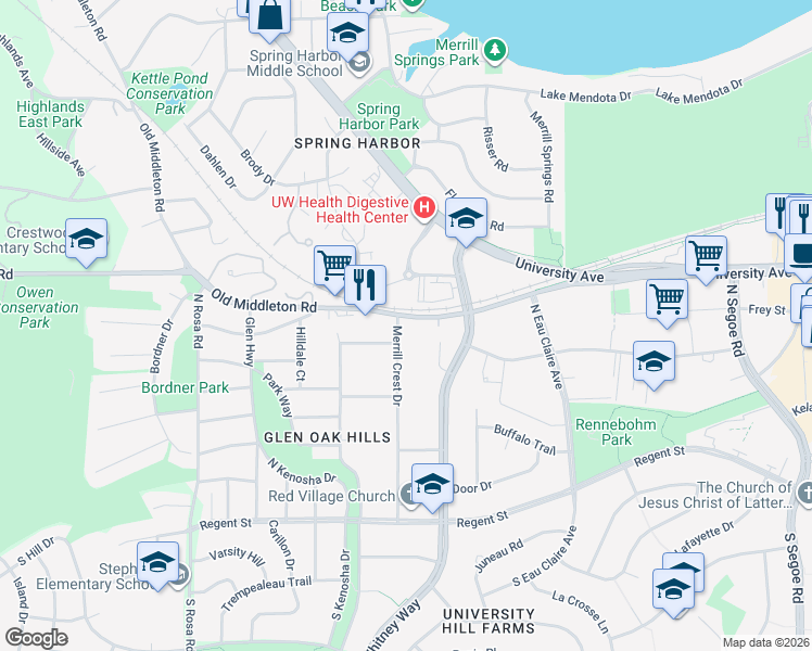 map of restaurants, bars, coffee shops, grocery stores, and more near 510 Merrill Crest Drive in Madison