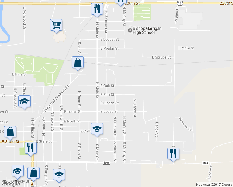 map of restaurants, bars, coffee shops, grocery stores, and more near 1802 East Oak Street in Algona