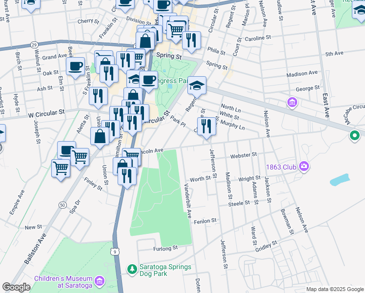 map of restaurants, bars, coffee shops, grocery stores, and more near 1st Street in Saratoga Springs