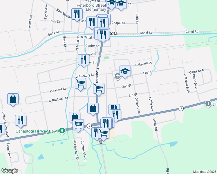 map of restaurants, bars, coffee shops, grocery stores, and more near 207 High Street in Canastota