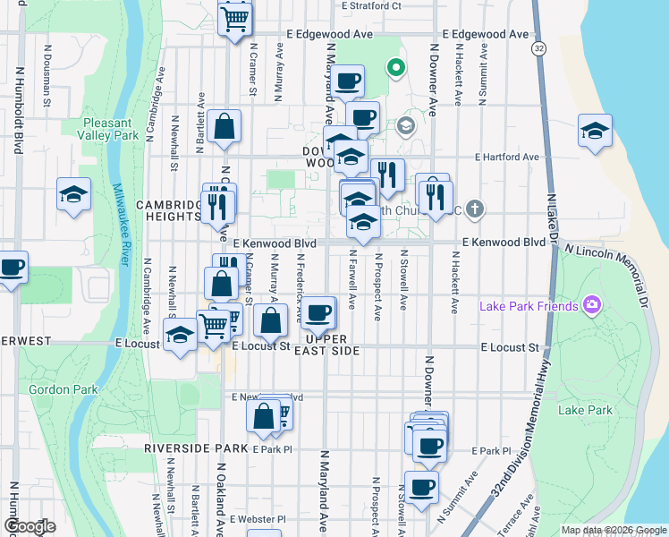 map of restaurants, bars, coffee shops, grocery stores, and more near 3051 North Farwell Avenue in Milwaukee
