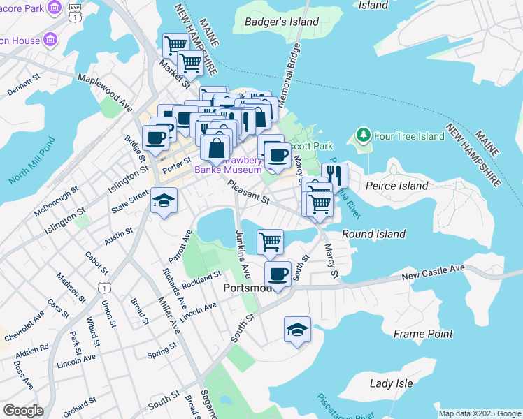 map of restaurants, bars, coffee shops, grocery stores, and more near 32 Livermore Street in Portsmouth