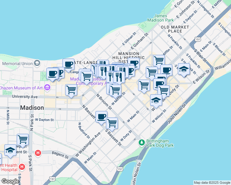 map of restaurants, bars, coffee shops, grocery stores, and more near 120 North Henry Street in Madison