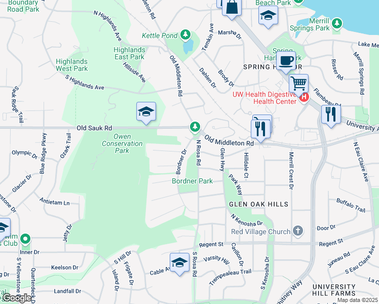 map of restaurants, bars, coffee shops, grocery stores, and more near 605 Bordner Drive in Madison