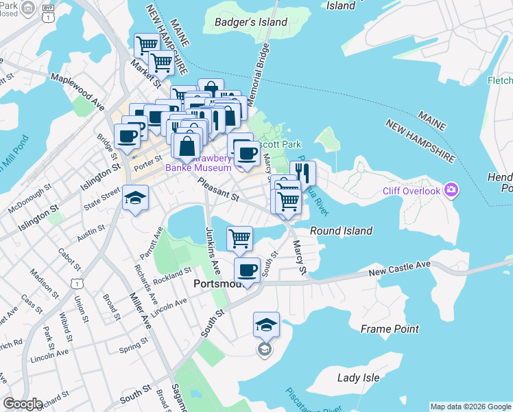 map of restaurants, bars, coffee shops, grocery stores, and more near 303 Pleasant St in Portsmouth