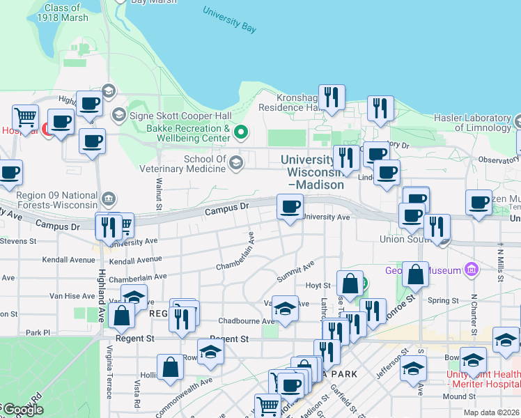 map of restaurants, bars, coffee shops, grocery stores, and more near 423 Chamberlain Avenue in Madison